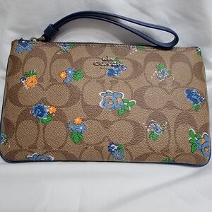 Coach Brown Wristlet with Blue Floral Design